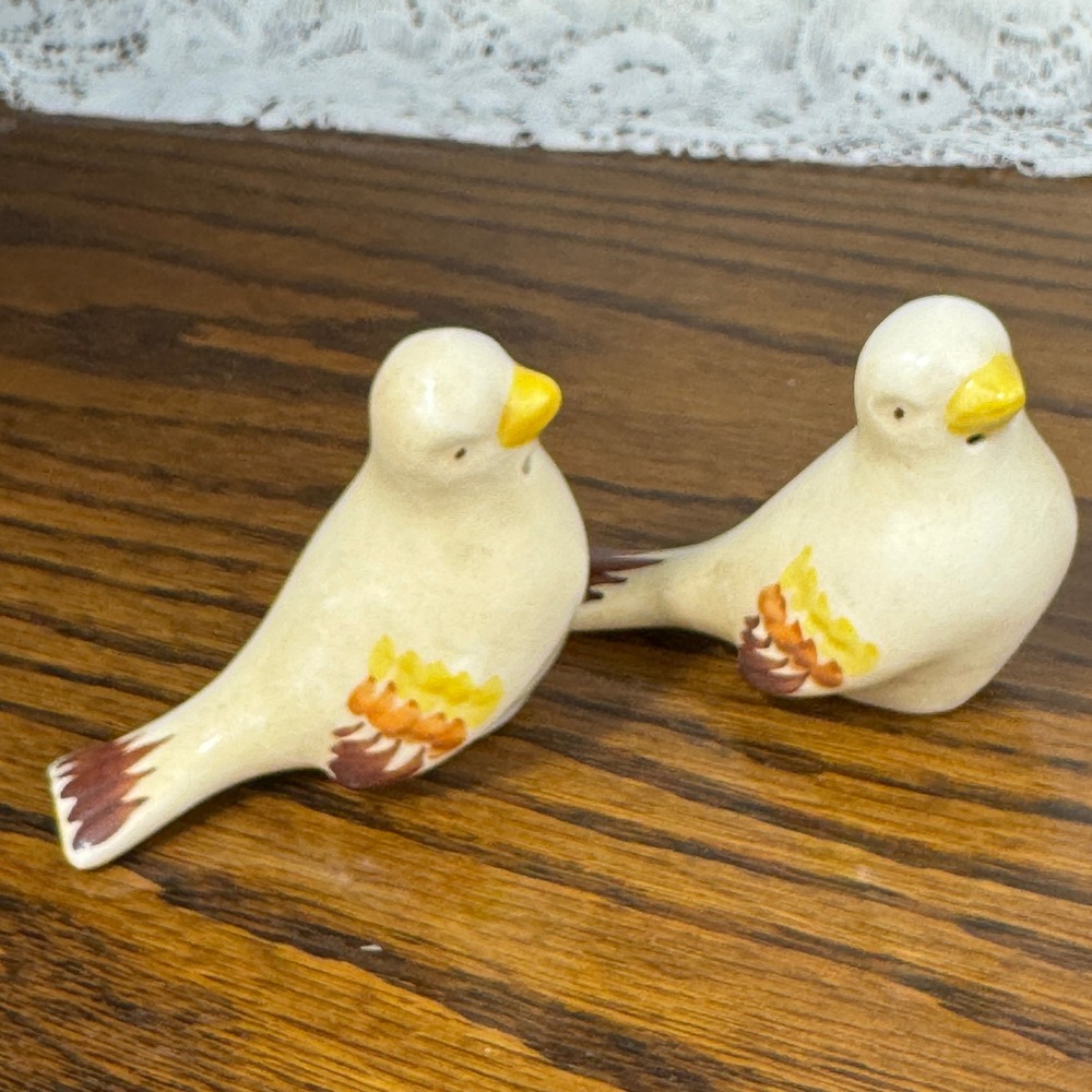 Vintage Ceramic Bird Salt and Pepper Shakers Hand Painted Cream Yellow Brown MCM